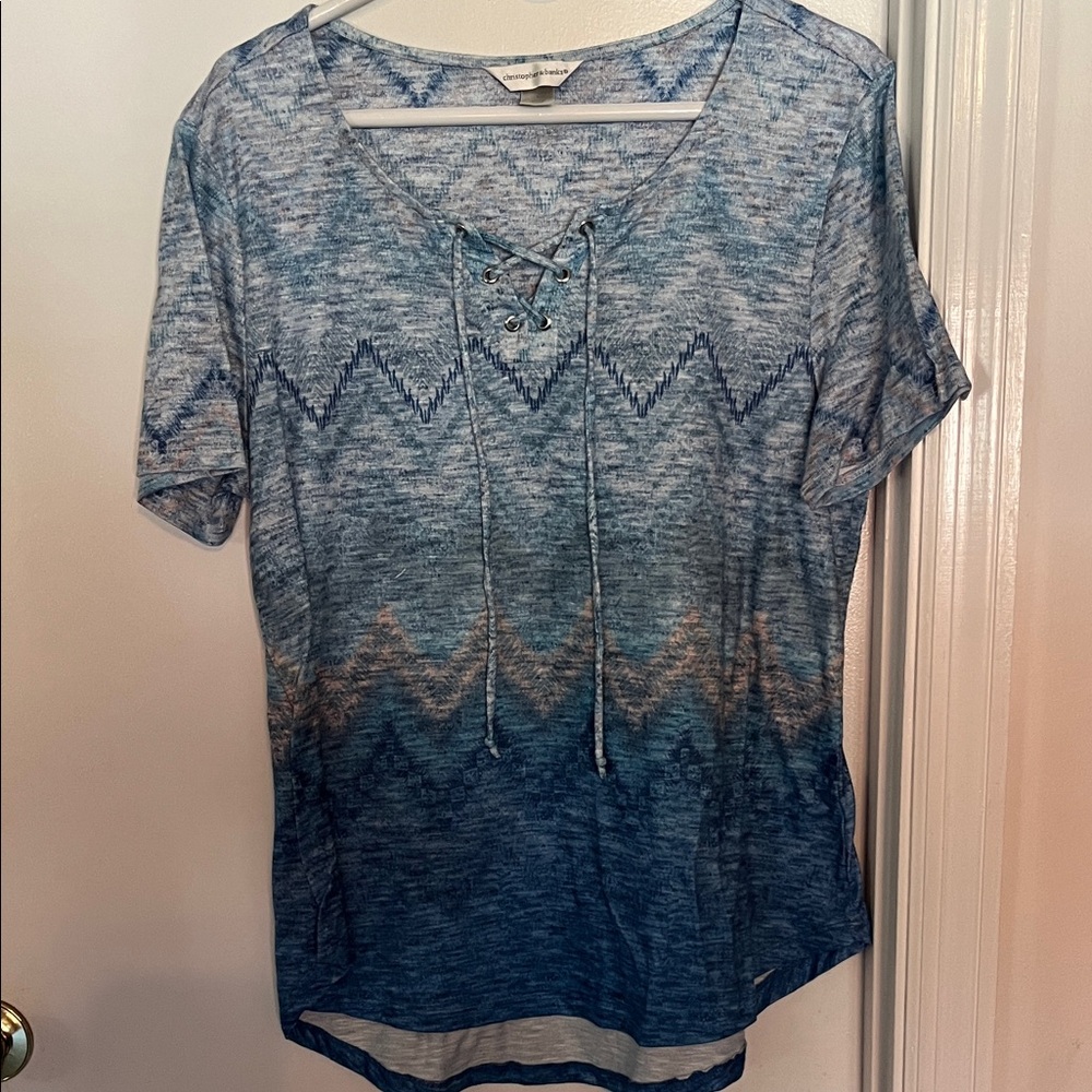 Christopher & Banks Blue Zigzag Lace-Up Top